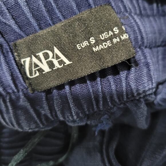 Zara Cargo Pants Blue High Waisted Ruched Crop Jogger Elastic Linen Size Small - Picture 7 of 14